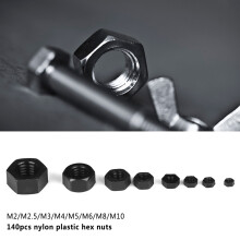 140pcs Black Nylon Hex Nuts M2-M10 for Industrial &DIY Projects