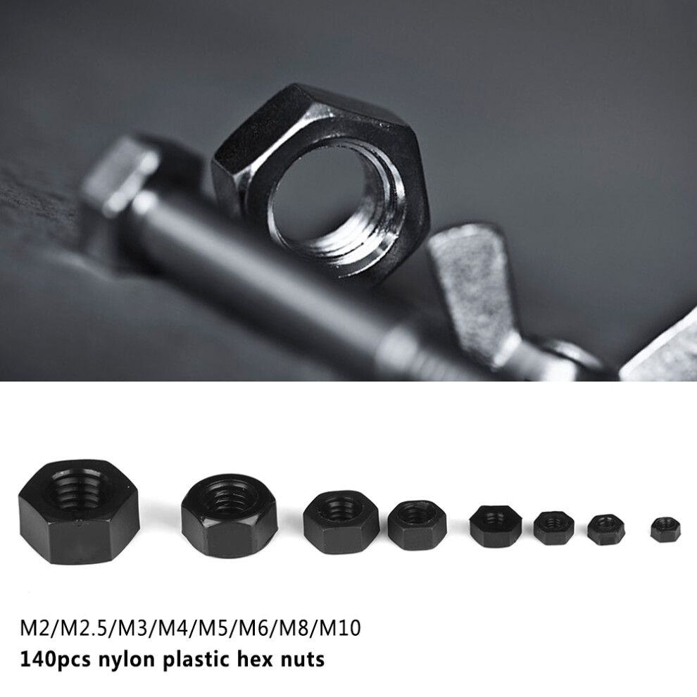 140Pcs Black Nylon Hex Nuts M2-M10 For Industrial &Diy Projects 3161363444713