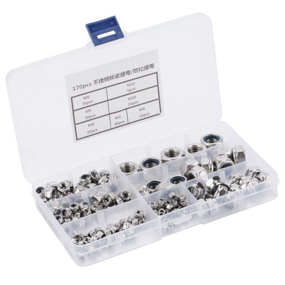 170Pcs Stainless Steel Lock Nut Set With Storage Box M3-M12 4201363454172