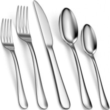 Lyxigt bestickset, ergonomiskt designade i rostfritt stål, balanserade knivar, spegelblank finish, hälsosamma material, diskmaskinssäker