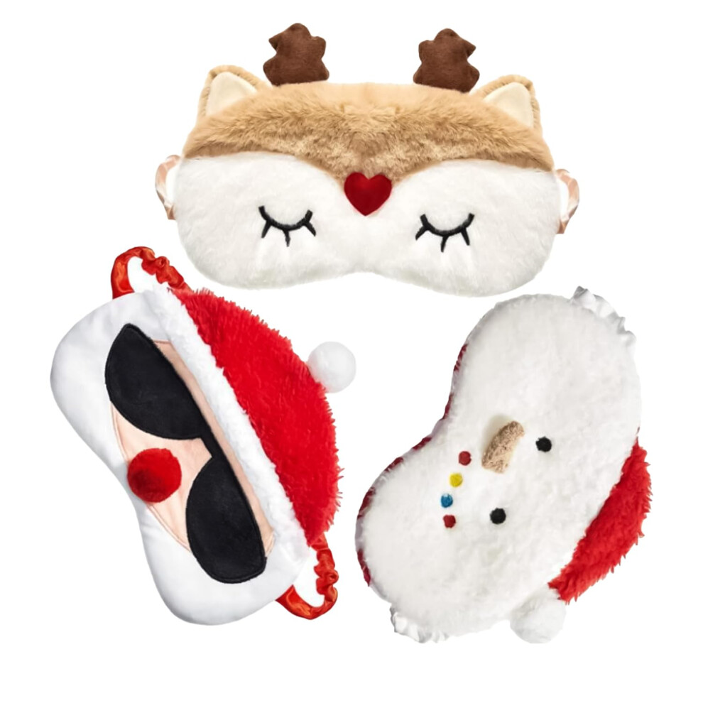 Santa Claus Eye Mask, 3 Piece Plush Kids Sleep Mask Set, Elk Snowman Cartoon Pattern, Travel Eye Cover