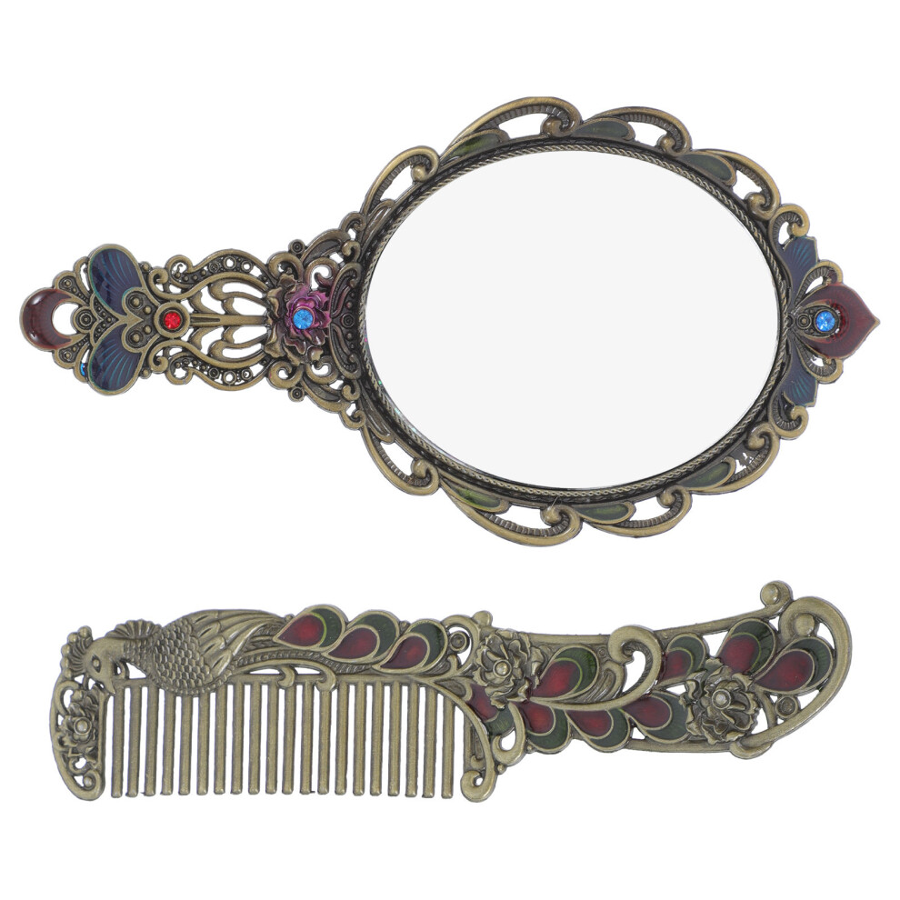 Solustre 1Set Metal Handheld Makeup Mirror Vintage Design With Comb For Women