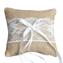 1 Piece Vintage Jute Wedding Rings Cushion Hessian Jute Lace Flower Handmade Ring Bearer Pillow