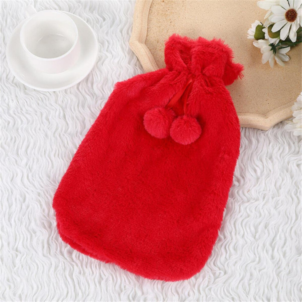 2L Hot Water Bottle Cover With Removable Plush Faux Fur Fleece Red HeatPreserving ColdProof Warm Cover