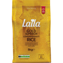 Laila Gold Superior Longer Basmati Rice 5Kg. Extra Long Basmati Rice with Delicate Aroma and Authentic Taste.