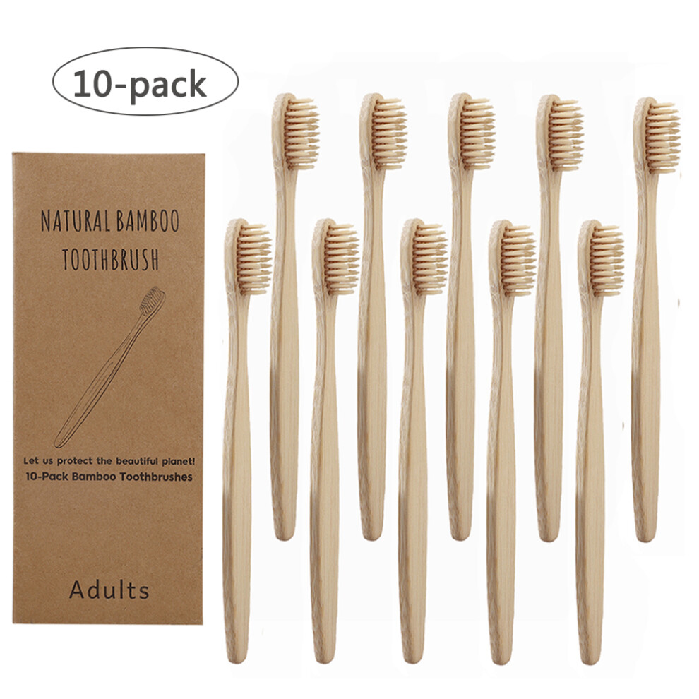 Beige/Yellow 10Pcs Soft Bristle Bamboo Toothbrushes Set, 17Cm