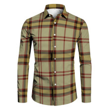 Men's Checked Casual Shirt Long Sleeve Cotton Regular Fit Western Style Business Shirts For Men Yellow Size M