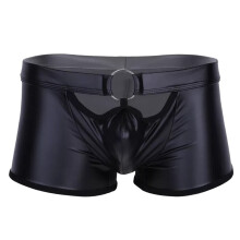 Underwear Patent Leather Latex OpenCrotch 2Opening Hollow Thong For Men Black 01 Size M Sissy Lingerie