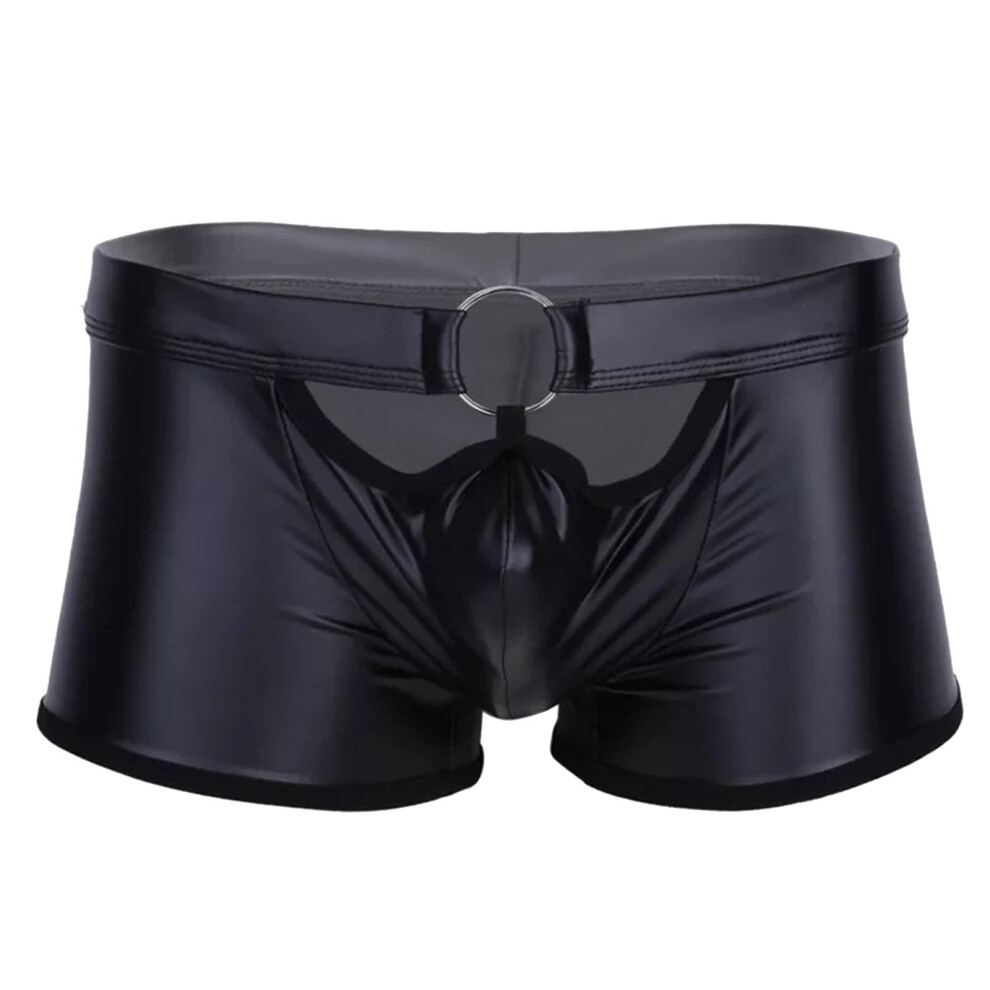 Black Underwear Patent Leather Latex Opencrotch 2Opening Hollow Thong For Men 01 Size M Sissy Lingerie