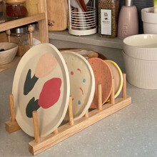 Vertical Pine Wood Dish Drying Rack with 6 Grids, Stable Base