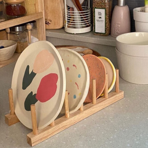 Vertical Pine Wood Dish Drying Rack with 6 Grids, Stable Base