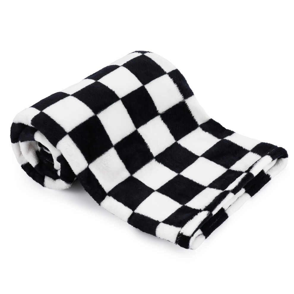Plush Checkered Baby Blanket 30x40 Inch, Unisex Fleece Nursery Blanket for Newborn, Black and White Chenille Stroller