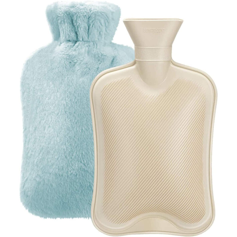 Blue Hot Water Bottle With Plush Cover 2L Large Capacity Natural Rubber For Neck Shoulder Pain And Hand Feet Warmer