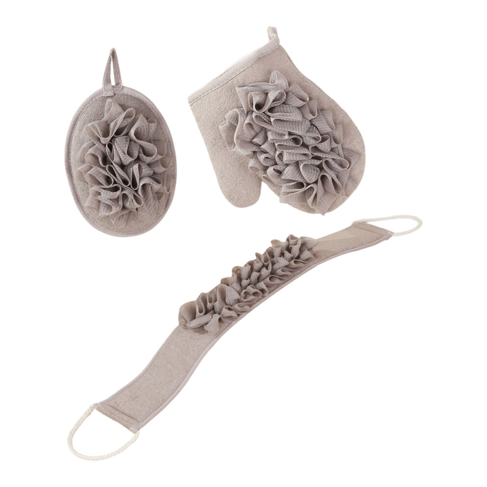 3Pcs Bath Exfoliating Set Back Scrubber Loofah Sponge Set- Gray