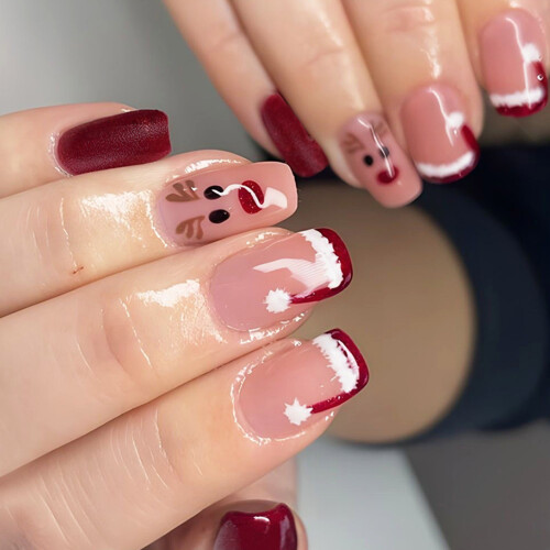 Square Festive Press on Nails with Reindeer Santa's Hat and