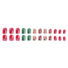 24Pcs Christmas Holly Press on Nails Short Square Glossy