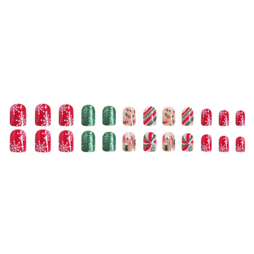 24Pcs Christmas Holly Press on Nails Short Square Glossy