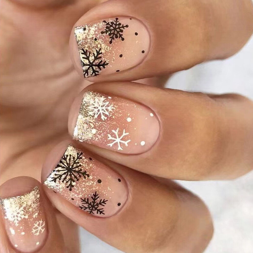 24 Pcs Snowflake Press On Nail Glittering Full Cover Stick on
