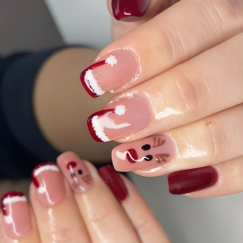 Christmas Square Press On False Nails French Santa's Hat Nail