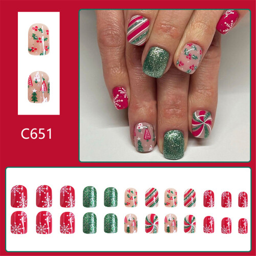 24Pcs Christmas Holly Press on Nails Short Square Glossy 1
