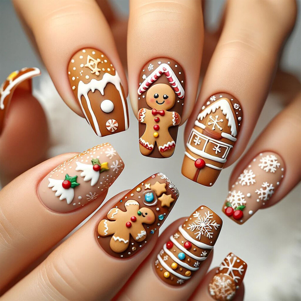 Christmas False Nails Cartoon Gingerbreads Man Artificial Nails