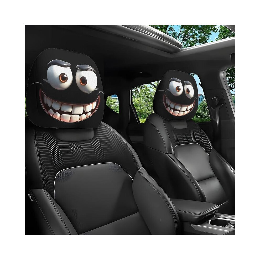(, 1 Pair) 2Pcs Set Of Funny Big-Eyed Grinning Cartoon Print Car Seat Headrest Covers, Universal Fit For Long Road Trips & Black 5071832475675