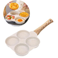 (White - 4 Holes, 1 Count) 3/4-hole Frying Pan for Breakfast, Non-stick Pancake Pan, Wooden Handle Medical Stone Omelet Pan, Household