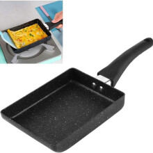 (Black Rectangle - Iron Handle, 1 Count) 3/4-hole Frying Pan for Breakfast, Non-stick Pancake Pan, Wooden Handle Medical Stone Omelet Pan, Household