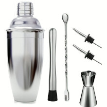 (6Piece set) [Stainless Steel Bar Tools Set] Stainless Steel Cocktail Bar Tools Set - Shaker, Pot, Boston Pot, Measuring Cup, Spoon