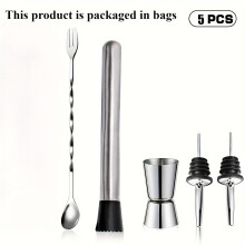 (5pcs/set) 5pcs Professional Stainless Steel Cocktail Shaker Set - Bar Kit with Measuring Tools, Muddler, Pourer, and More for