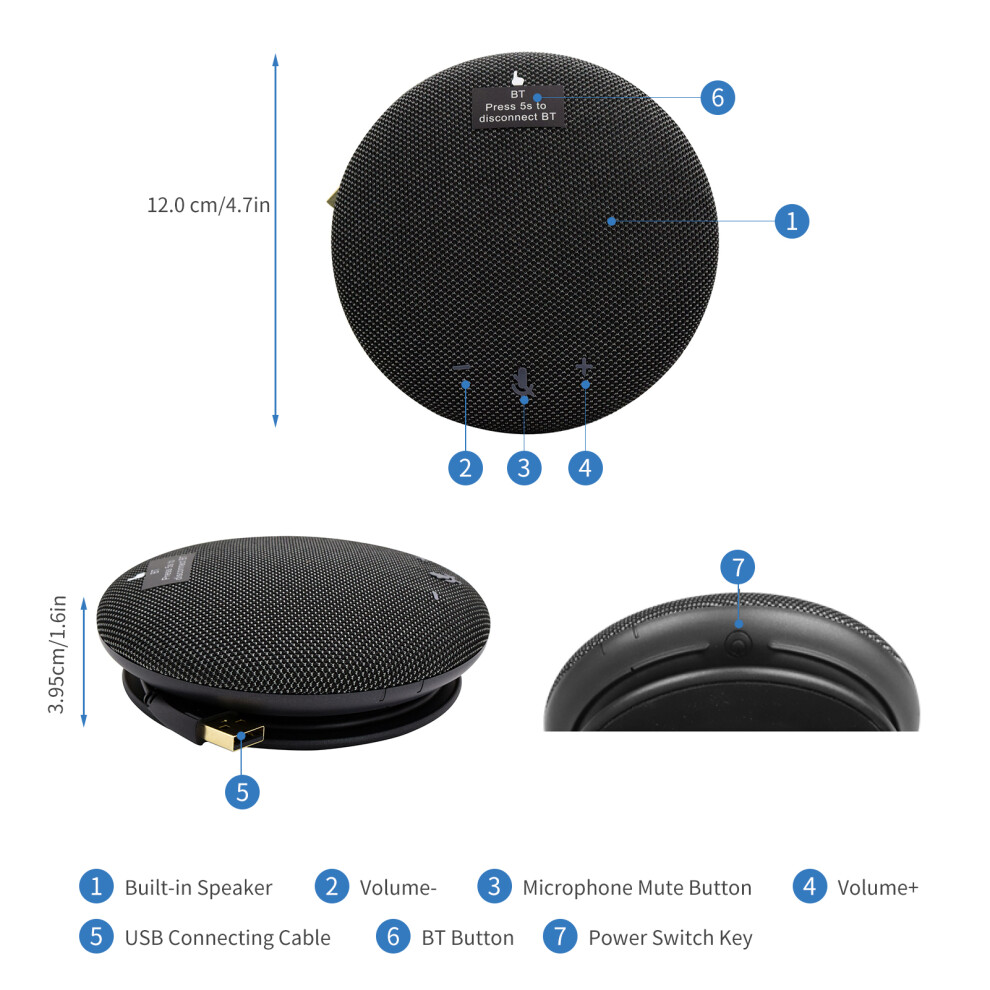Portable Bt Conference Microphone Speaker 2000Mah 12Cm Black 4001363616316