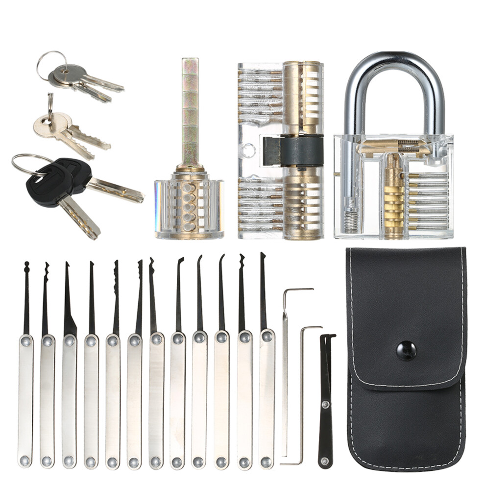 Locksmith Tool Set: 15Pcs Picks + 3 Transparent Learning Padlocks 3421363616276