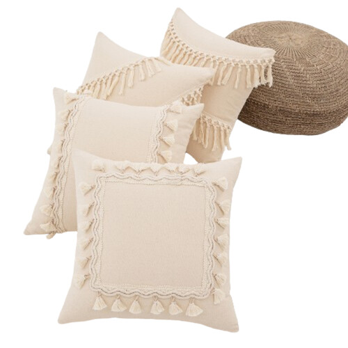 Μαξιλαροθήκες με φούντες 45x45εκ. Boho διακόσμηση για καναπέ χωρίς πυρήνα μπεζ