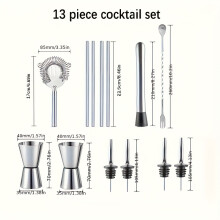 (13pcs) Professional Stainless Steel Cocktail Shaker Set - Complete Bartender Kit Including Jigger, Mixer and Pourer for Home