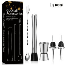 (5pcs) Stainless Steel Cocktail Set Bartender Kit - Professional Mixology Bar Tool Accessories Including Jigger, Muddler,