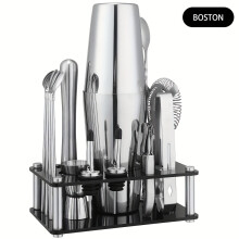 (Boston 700ml 600ml) 14pcs Stainless Steel Cocktail Shaker Set with Acrylic Stand - Includes Jigger, Muddler, Strainer, Ice Muddler, and
