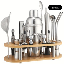 (Shaker 550ml) 23pcs Professional Stainless Steel Cocktail Shaker Set with Removable Elliptical Bamboo Base & Mixing Tools - Heavy-Duty