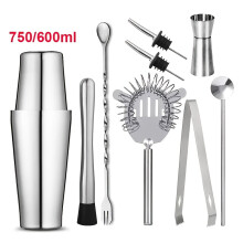 (9pcs, 750MLx600ML) 5/6/9pcs Stainless Steel Professional Bartender Cocktail Shaker Set with Jigger, Bar Spoon, Mixing Glass & Strainer -