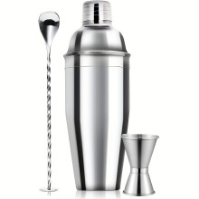 (Silvery, 3 Pcs) 24oz Cocktail Shaker Bar Set - Professional Margarita Mixer Drink Shaker and Measuring Cup & Cocktail Spoon Set - Profes