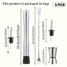 (5pcs) 5pcs Professional Stainless Steel Cocktail Shaker Set - Bartending set includes measuring tools, masher, pourer and