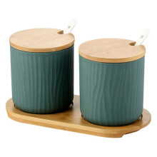 Conjunto de 2 potes de cerâmica para especiarias, com colher e tampa de bambu para açúcar.