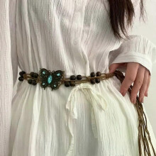 Ceinture tressée à pompons pour femme, ornée d'un nœud, style bohème, fine, accessoire de robe