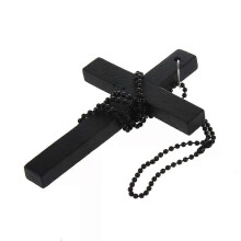 Nouveau collier pendentif croix en bois avec chaîne en métal et perles noires
