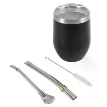 Ensemble tasse à yerba maté en calebasse, 35 cl, double paroi, inox, couvercle, 2 bombillas, pailles,