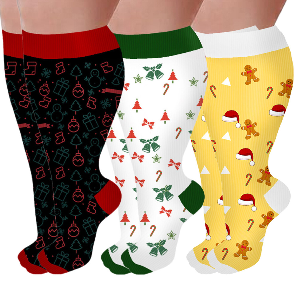 3 Pack Christmas Pattern Wide Calf Compression-santa hat XXL