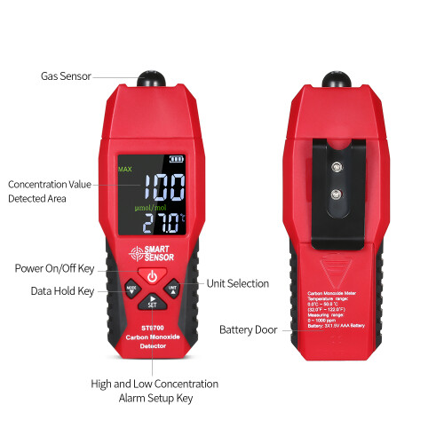 Smart Sensor ST9700 Handheld CO Meter 0-1000PPM with LCD Alarm-Light Red 2