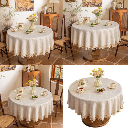 Spill Proof Dining Table Cover Jacquard Embroidery-120 Beige 1