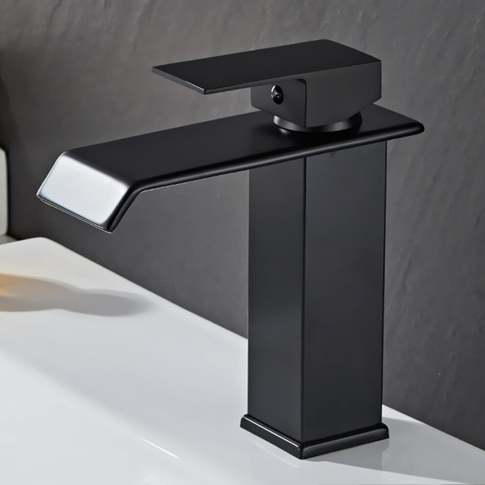 Modern Stainless Steel Waterfall Bathroom Faucet Black Finish Single Handle Hot And Cold Arc Short Spout 9323874120706