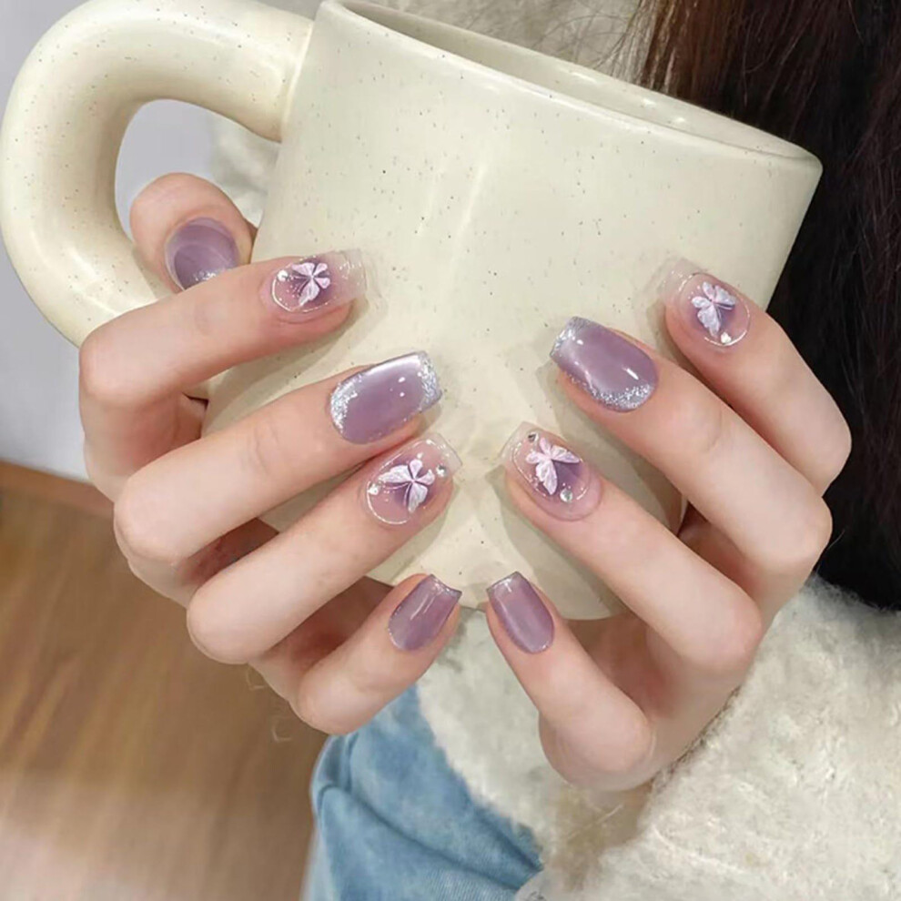 Cat Eye Nails Butterfly Design Acrylic Fake Nails Gel Polish Adhesive 30 Pcs Press On