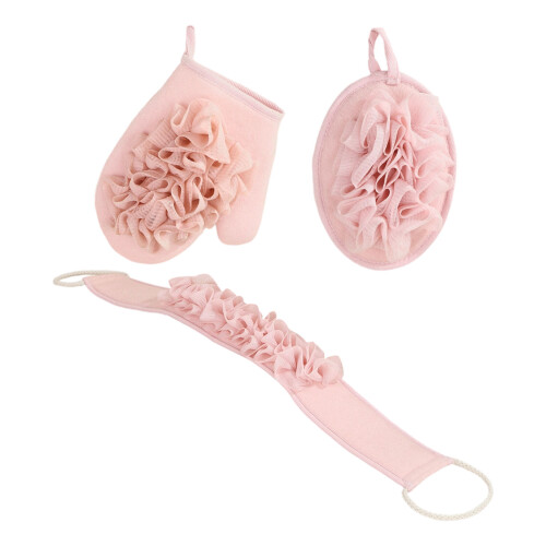 Ensemble de gants de bain exfoliants avec épurateur de dos-Rose
